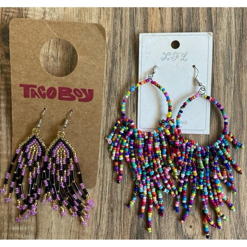 Lot of 2 Bohemian Long Beaded Earrings by Taco Boy and Xin Fei Boho